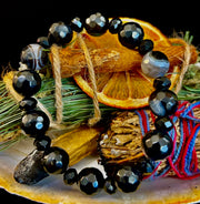 Puerto Vallarta Midnight Agate Power Bracelet — Faceted Black Agate & Swirled Banded Agate (Large Wrist Fit)