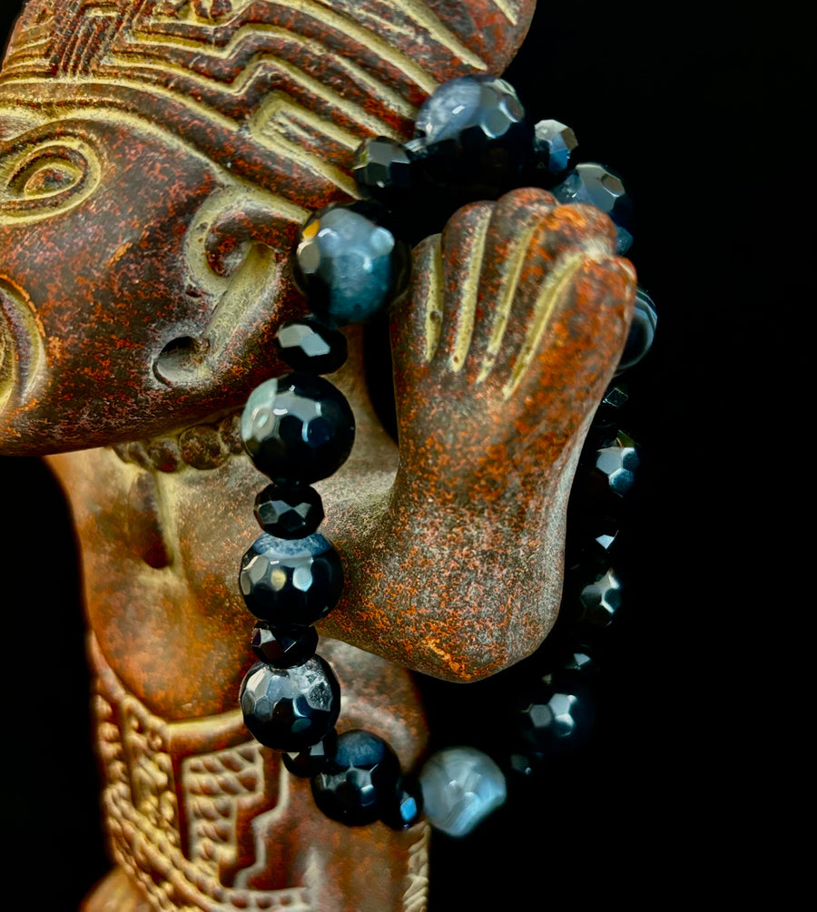 Puerto Vallarta Midnight Agate Power Bracelet — Faceted Black Agate & Swirled Banded Agate (Large Wrist Fit)