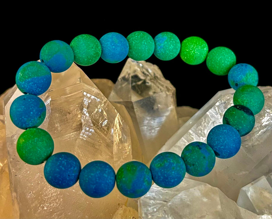 Matte Azurite Energy Bracelet — Genuine 10mm Blue-Green Azurite Stretch Bracelet for Medium to Large Wrists (7.25–8.5")
