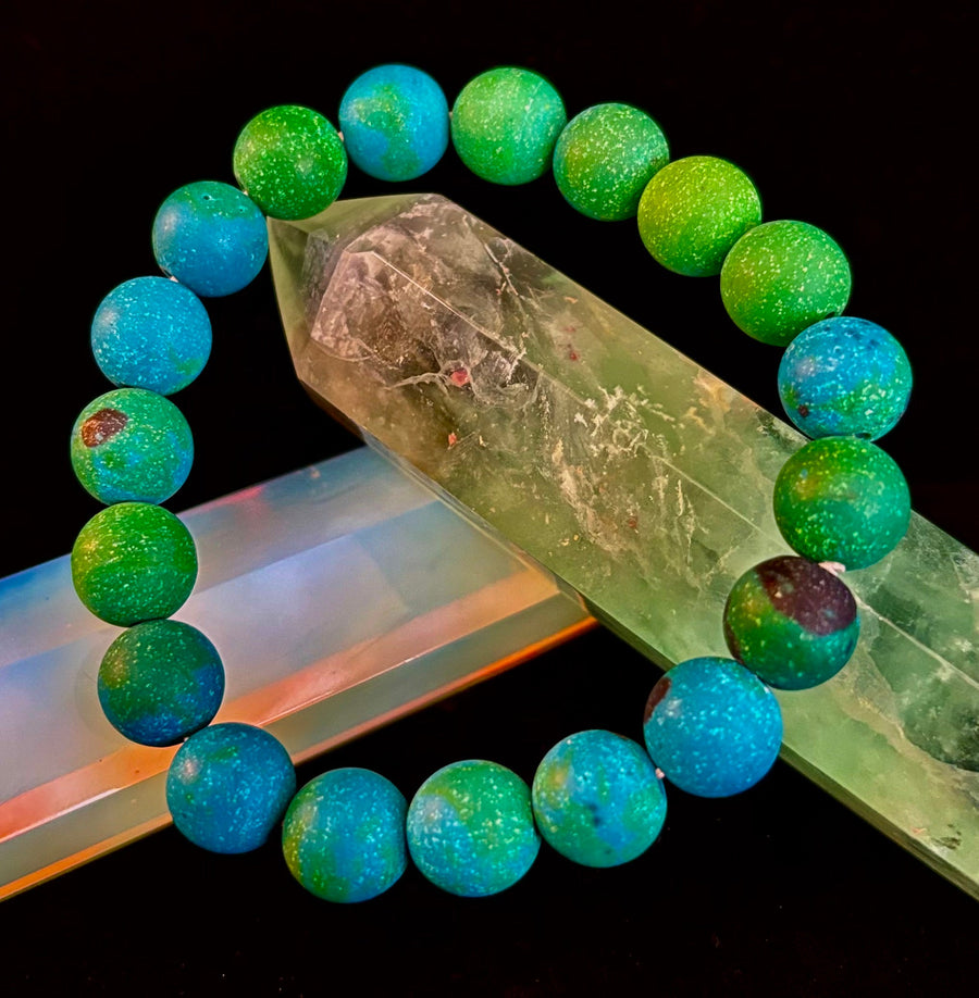 Matte Azurite Energy Bracelet — Genuine 10mm Blue-Green Azurite Stretch Bracelet for Medium to Large Wrists (7.25–8.5")