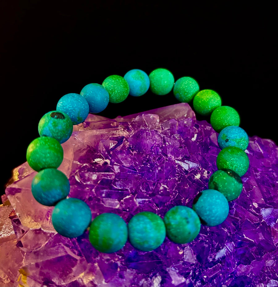 Matte Azurite Energy Bracelet — Genuine 10mm Blue-Green Azurite Stretch Bracelet for Medium to Large Wrists (7.25–8.5")