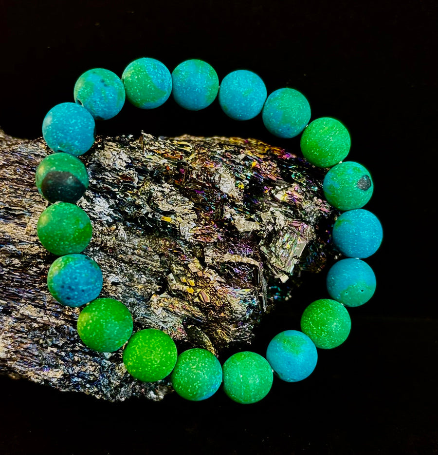 Matte Azurite Energy Bracelet — Genuine 10mm Blue-Green Azurite Stretch Bracelet for Medium to Large Wrists (7.25–8.5")
