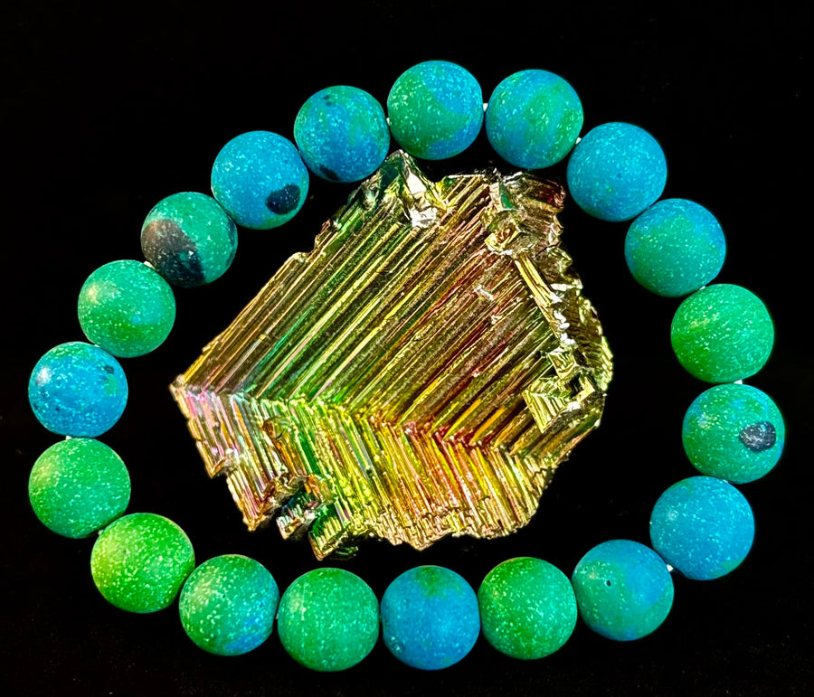 Matte Azurite Energy Bracelet — Genuine 10mm Blue-Green Azurite Stretch Bracelet for Medium to Large Wrists (7.25–8.5")