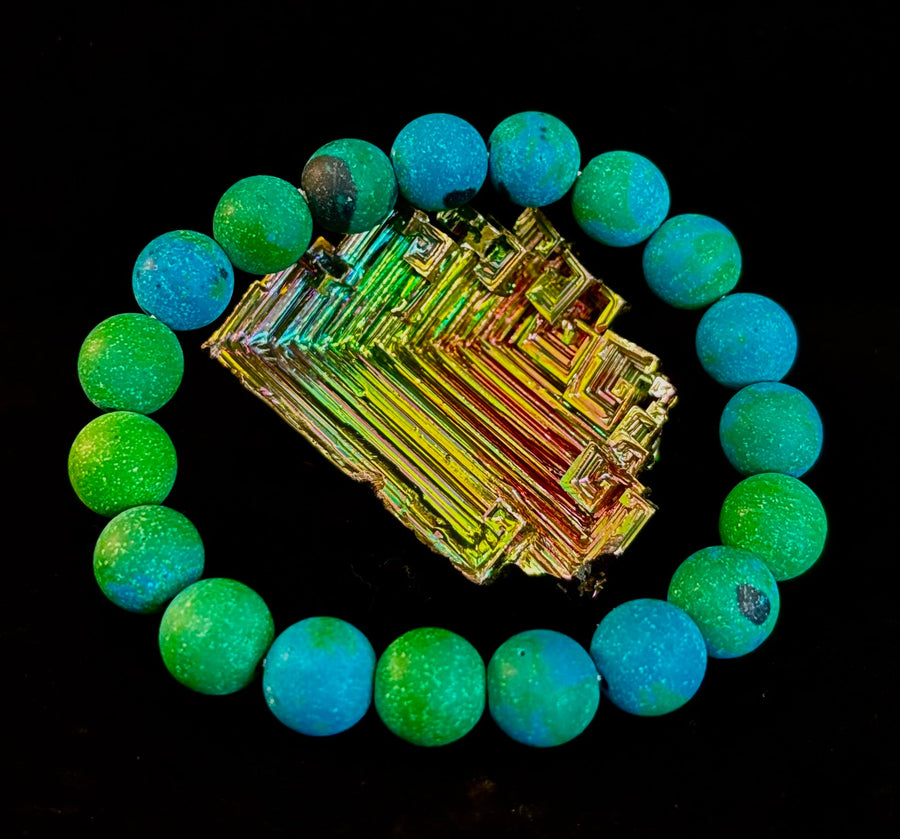 Matte Azurite Energy Bracelet — Genuine 10mm Blue-Green Azurite Stretch Bracelet for Medium to Large Wrists (7.25–8.5")