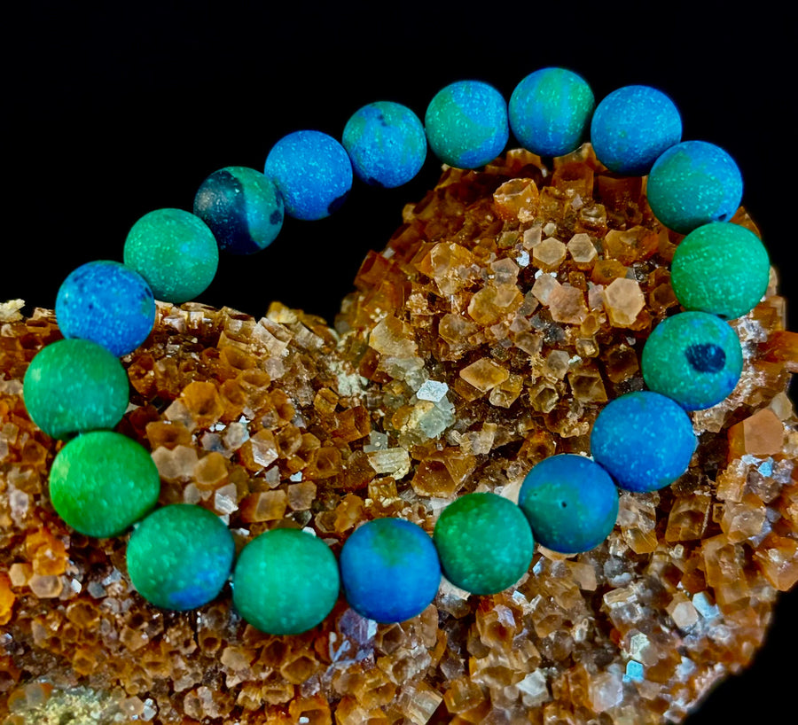 Matte Azurite Energy Bracelet — Genuine 10mm Blue-Green Azurite Stretch Bracelet for Medium to Large Wrists (7.25–8.5")