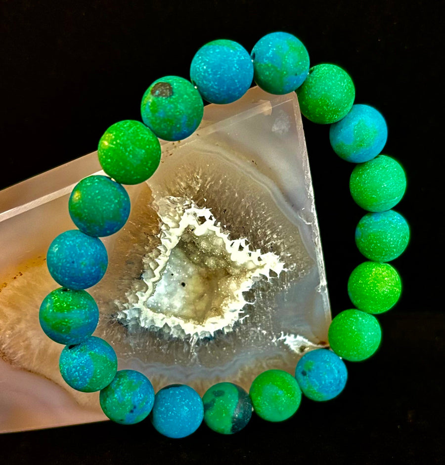 Matte Azurite Energy Bracelet — Genuine 10mm Blue-Green Azurite Stretch Bracelet for Medium to Large Wrists (7.25–8.5")