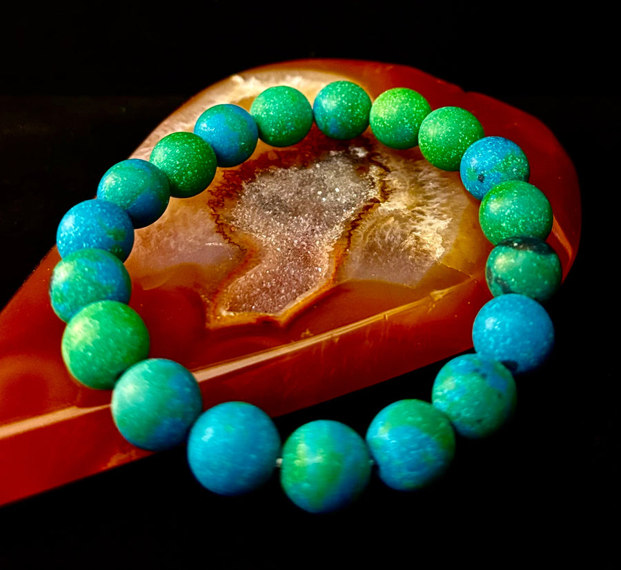 Matte Azurite Energy Bracelet — Genuine 10mm Blue-Green Azurite Stretch Bracelet for Medium to Large Wrists (7.25–8.5")