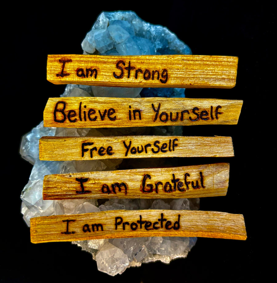 Hand-Engraved Palo Santo Smudge Sticks — Sustainable Peruvian Holy Wood with Positive Affirmations & Energy Cleansing