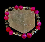 Pink Striped Agate & Hematite Energy Bracelet – Handmade Mexican Natural Stone Bracelet for XL Wrists