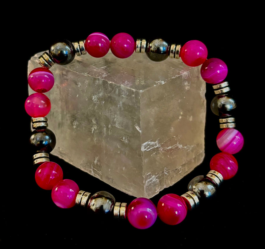 Pink Striped Agate & Hematite Energy Bracelet – Handmade Mexican Natural Stone Bracelet for XL Wrists
