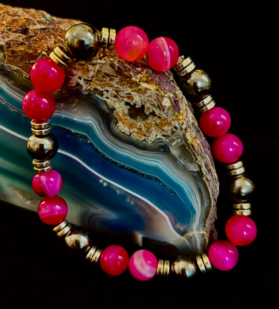 Pink Striped Agate & Hematite Energy Bracelet – Handmade Mexican Natural Stone Bracelet for XL Wrists