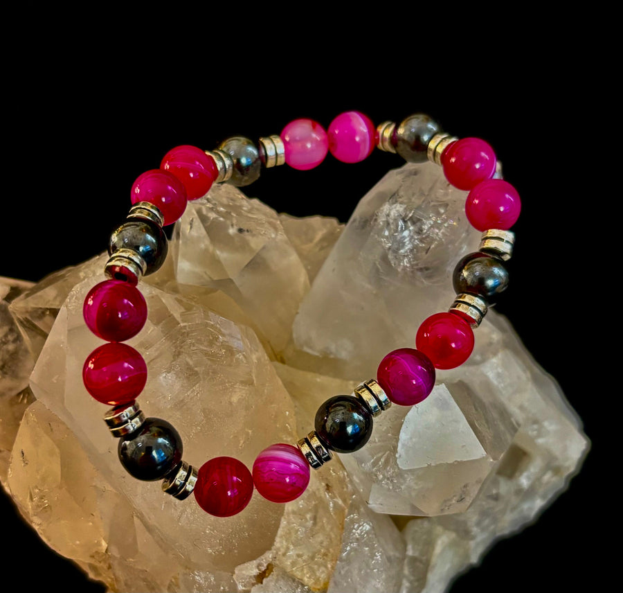 Pink Striped Agate & Hematite Energy Bracelet – Handmade Mexican Natural Stone Bracelet for XL Wrists