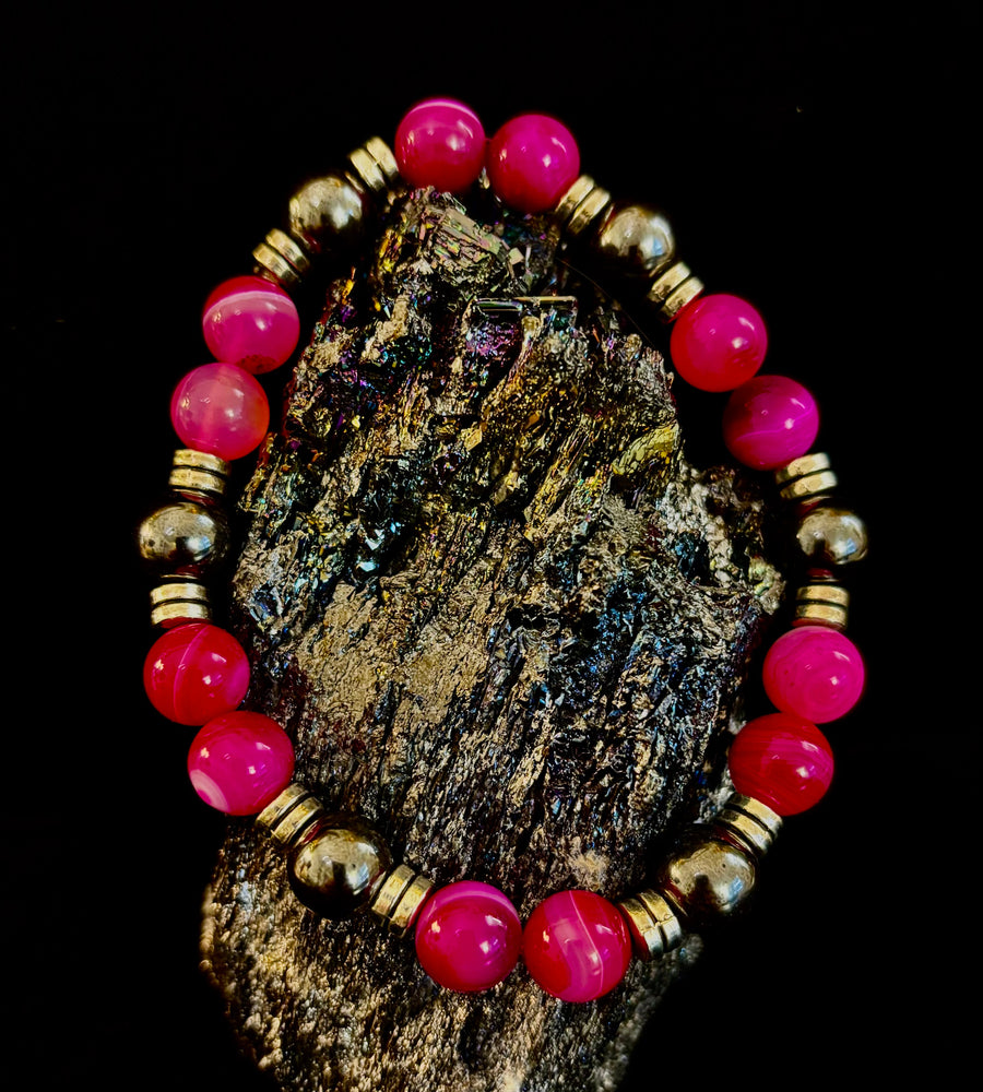 Pink Striped Agate & Hematite Energy Bracelet – Handmade Mexican Natural Stone Bracelet for XL Wrists