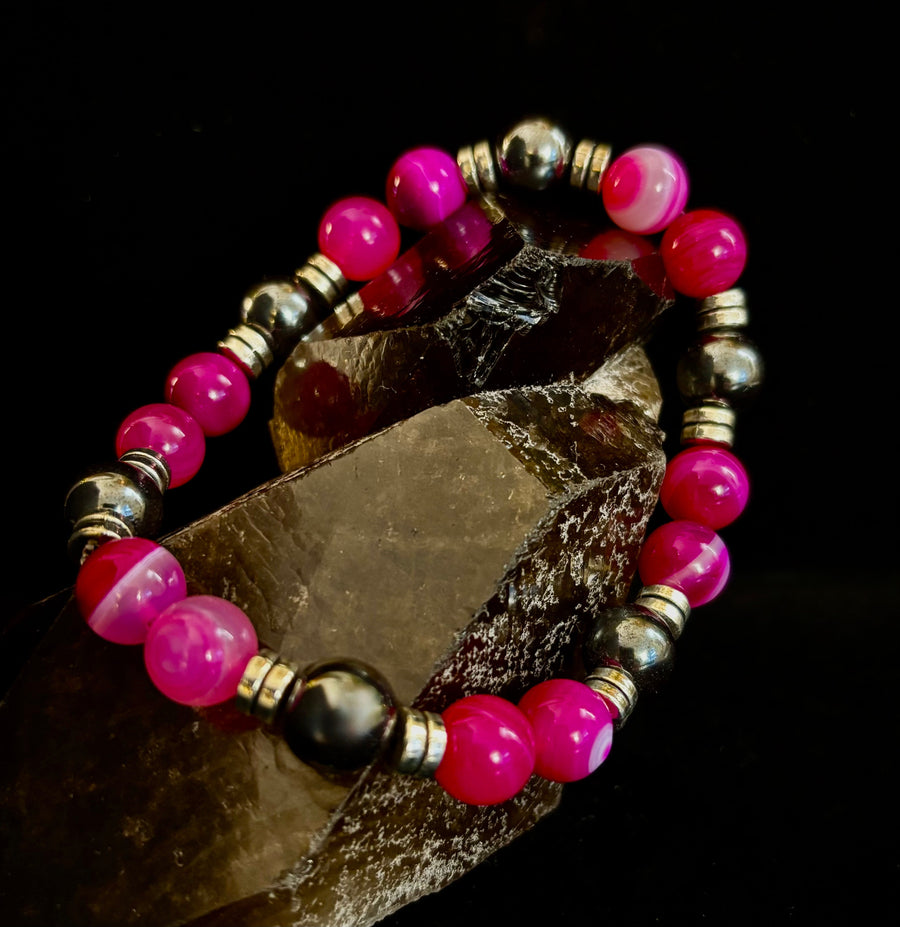 Pink Striped Agate & Hematite Energy Bracelet – Handmade Mexican Natural Stone Bracelet for XL Wrists