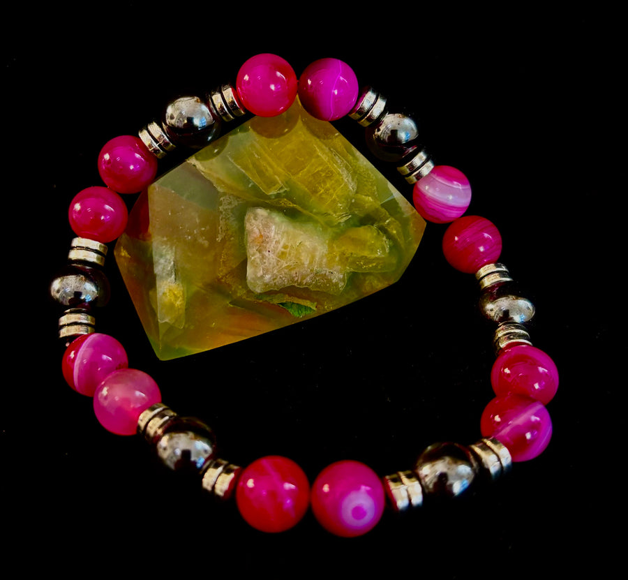 Pink Striped Agate & Hematite Energy Bracelet – Handmade Mexican Natural Stone Bracelet for XL Wrists
