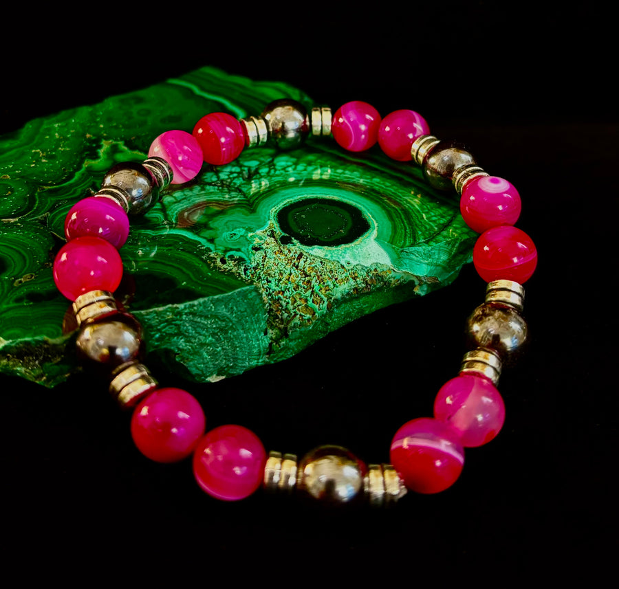 Pink Striped Agate & Hematite Energy Bracelet – Handmade Mexican Natural Stone Bracelet for XL Wrists