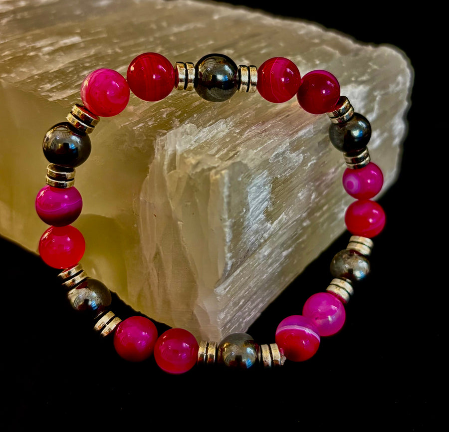 Pink Striped Agate & Hematite Energy Bracelet – Handmade Mexican Natural Stone Bracelet for XL Wrists