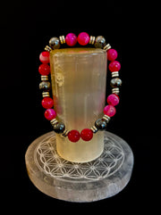 Pink Striped Agate & Hematite Energy Bracelet – Handmade Mexican Natural Stone Bracelet for XL Wrists