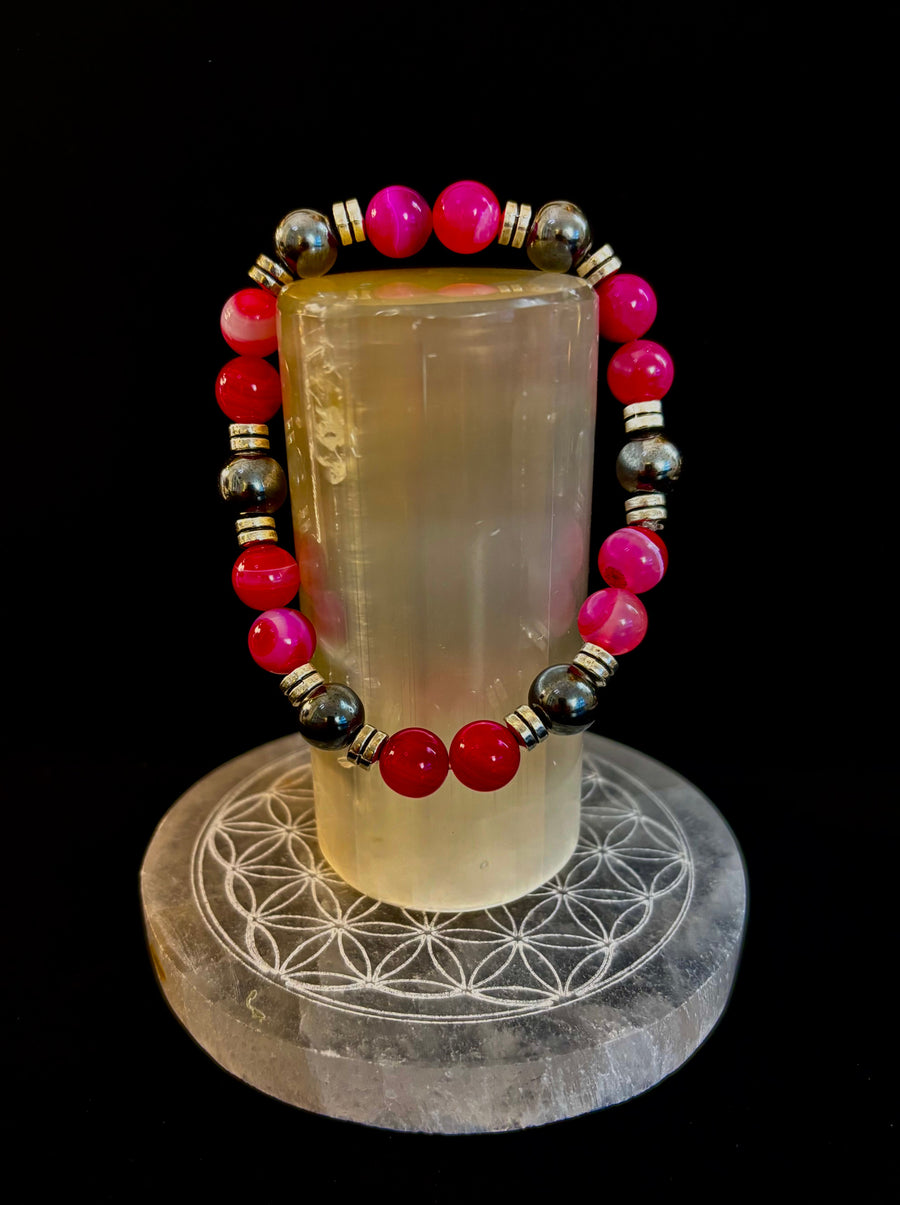 Pink Striped Agate & Hematite Energy Bracelet – Handmade Mexican Natural Stone Bracelet for XL Wrists