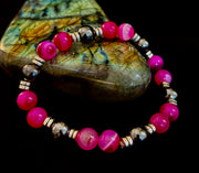 Pink Striped Agate & Hematite Energy Bracelet – Handmade Mexican Natural Stone Bracelet for XL Wrists