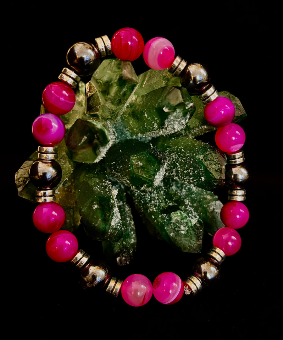 Pink Striped Agate & Hematite Energy Bracelet – Handmade Mexican Natural Stone Bracelet for XL Wrists