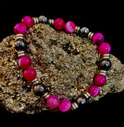Pink Striped Agate & Hematite Energy Bracelet – Handmade Mexican Natural Stone Bracelet for XL Wrists