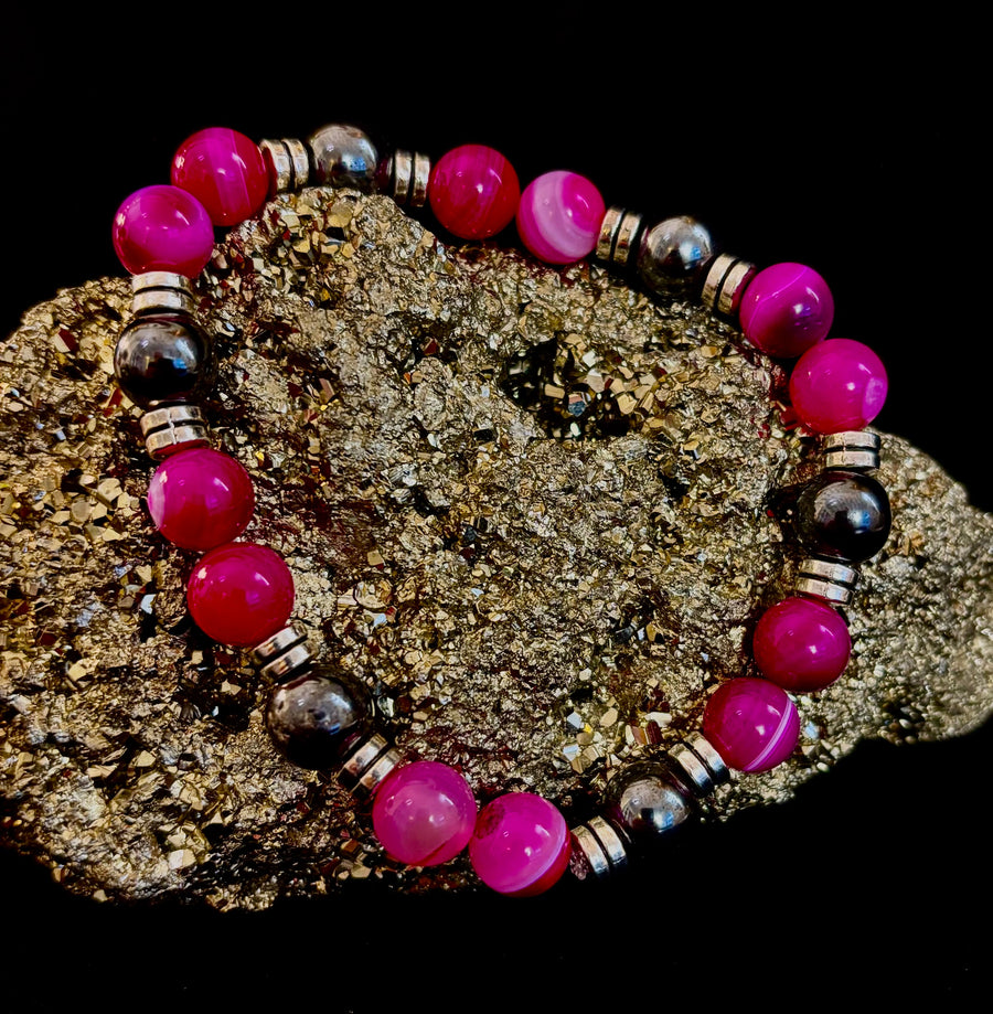 Pink Striped Agate & Hematite Energy Bracelet – Handmade Mexican Natural Stone Bracelet for XL Wrists