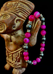 Pink Striped Agate & Hematite Energy Bracelet – Handmade Mexican Natural Stone Bracelet for XL Wrists
