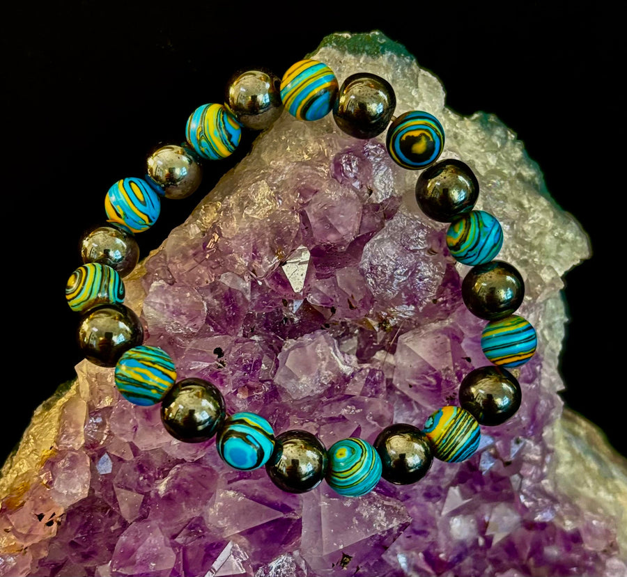 Blue Peacock Malachite Stone Bracelet – XL Hematite Stretch Bracelet for Large Wrists