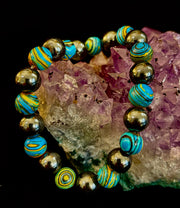 Blue Peacock Malachite Stone Bracelet – XL Hematite Stretch Bracelet for Large Wrists