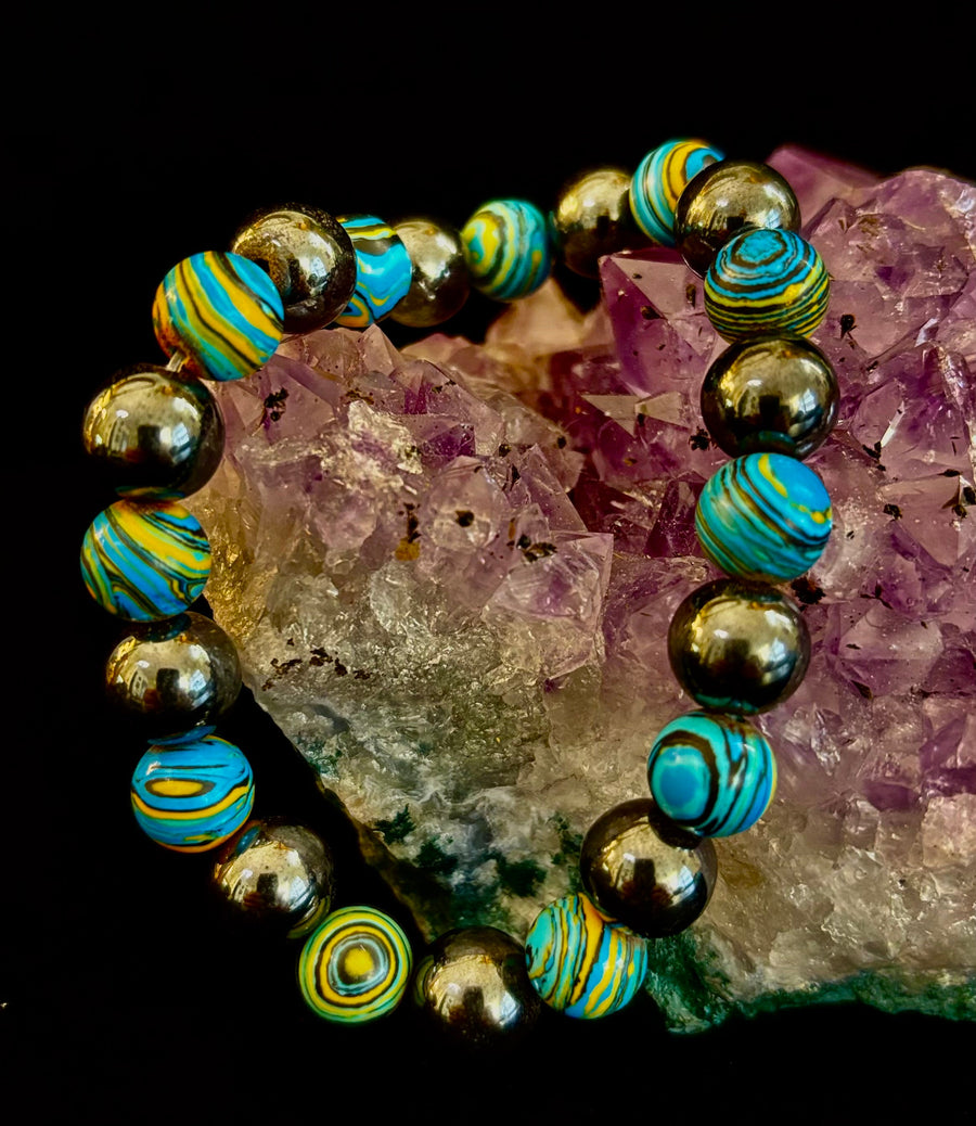 Blue Peacock Malachite Stone Bracelet – XL Hematite Stretch Bracelet for Large Wrists