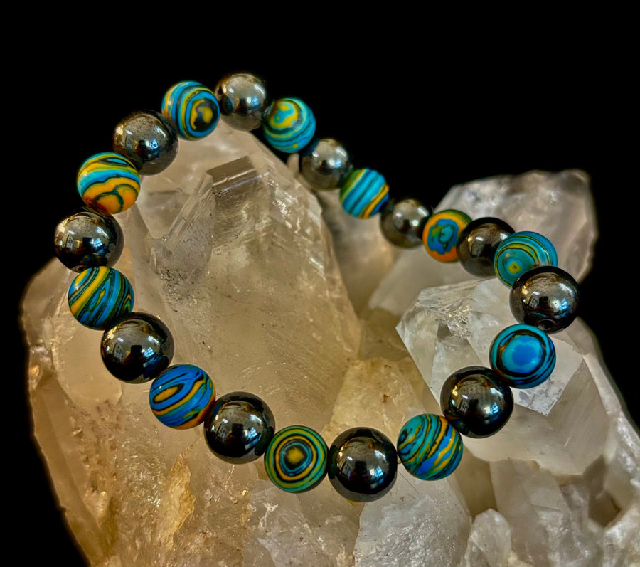 Blue Peacock Malachite Stone Bracelet – XL Hematite Stretch Bracelet for Large Wrists