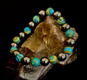 Blue Peacock Malachite Stone Bracelet – XL Hematite Stretch Bracelet for Large Wrists