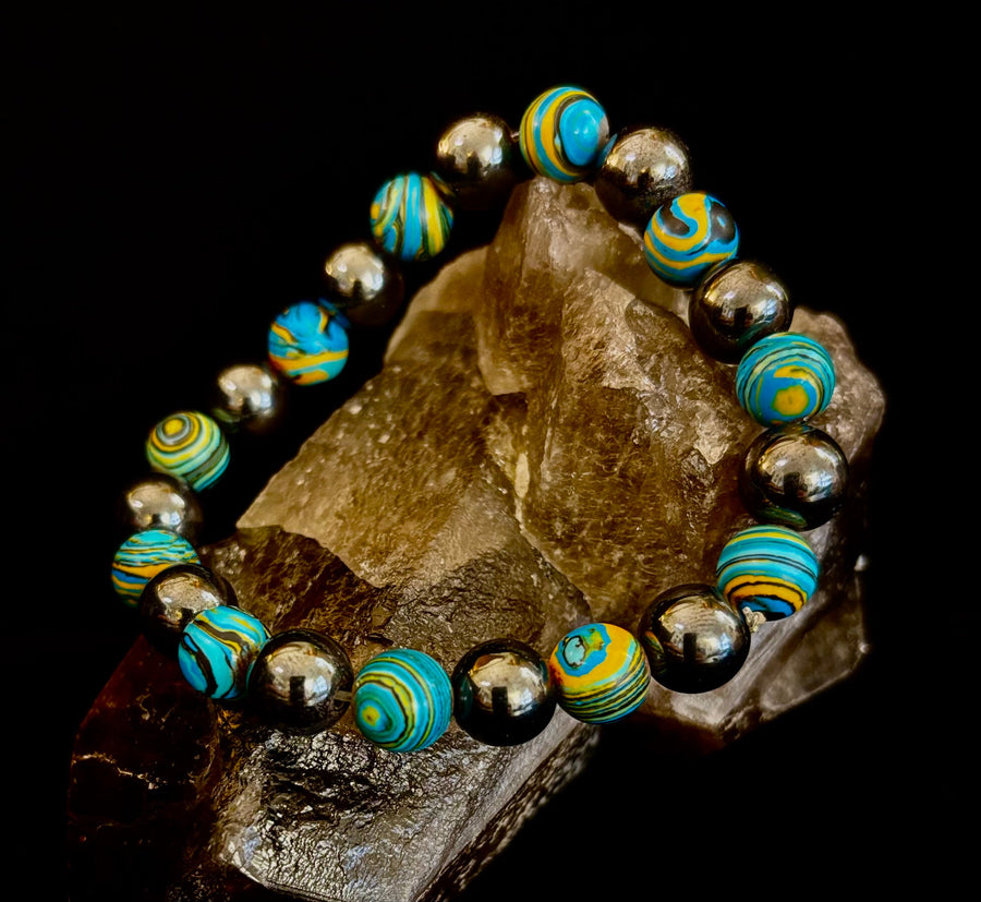 Blue Peacock Malachite Stone Bracelet – XL Hematite Stretch Bracelet for Large Wrists