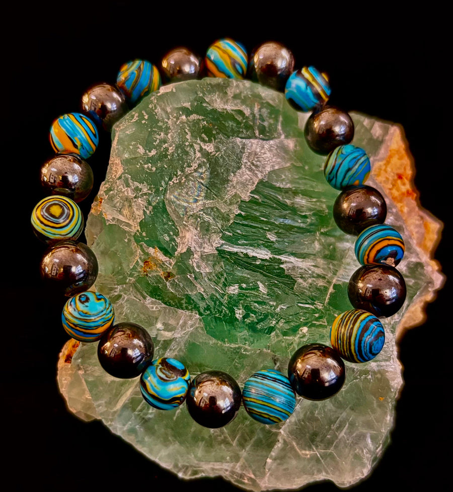 Blue Peacock Malachite Stone Bracelet – XL Hematite Stretch Bracelet for Large Wrists