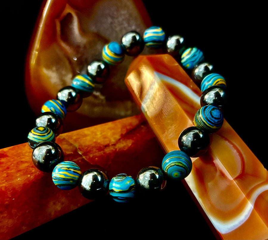 Blue Peacock Malachite Stone Bracelet – XL Hematite Stretch Bracelet for Large Wrists
