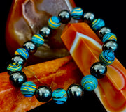 Blue Peacock Malachite Stone Bracelet – XL Hematite Stretch Bracelet for Large Wrists