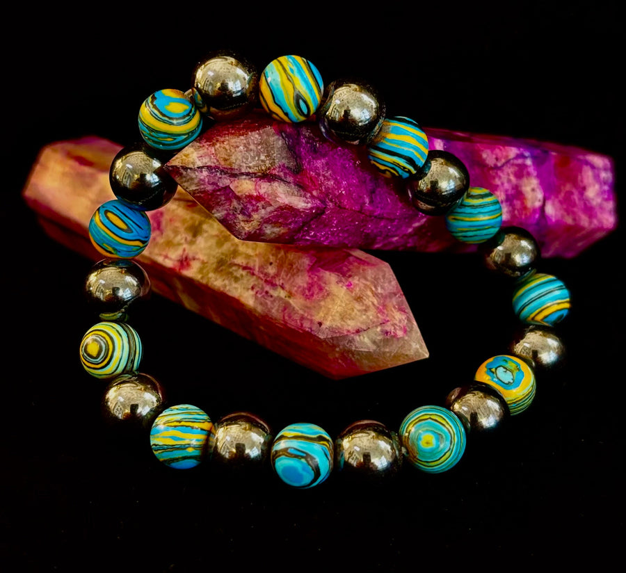Blue Peacock Malachite Stone Bracelet – XL Hematite Stretch Bracelet for Large Wrists