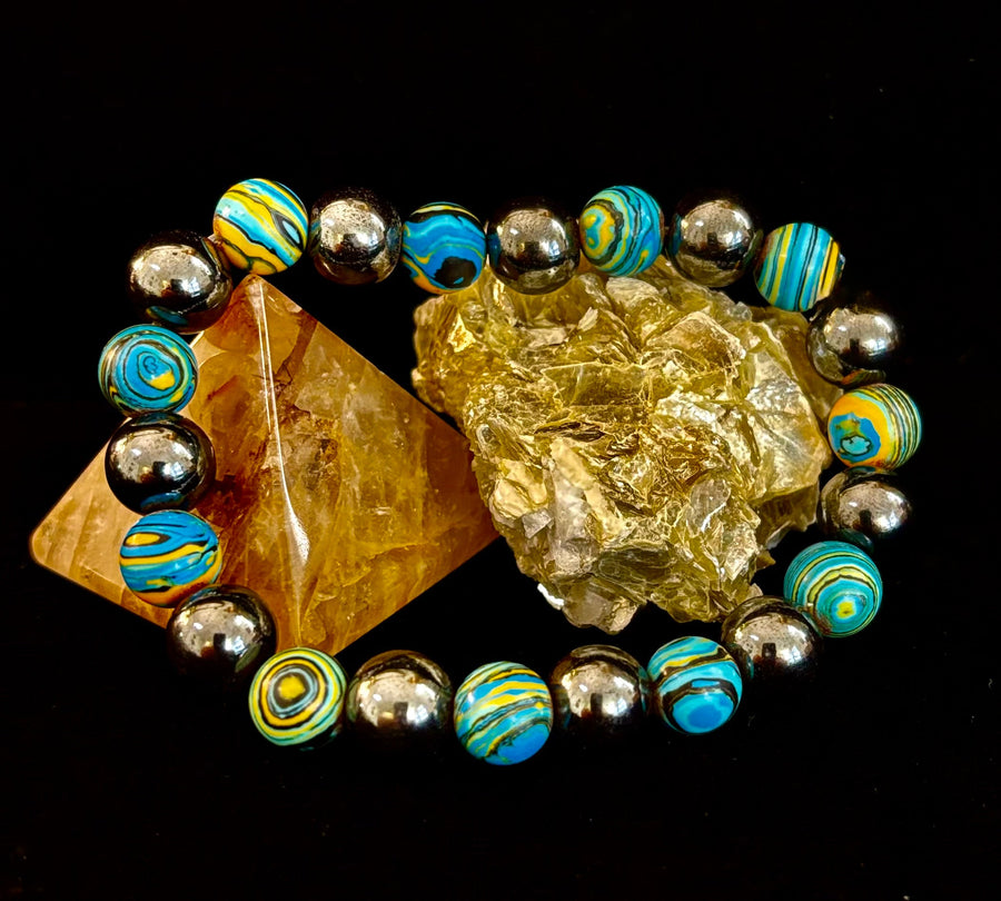 Blue Peacock Malachite Stone Bracelet – XL Hematite Stretch Bracelet for Large Wrists