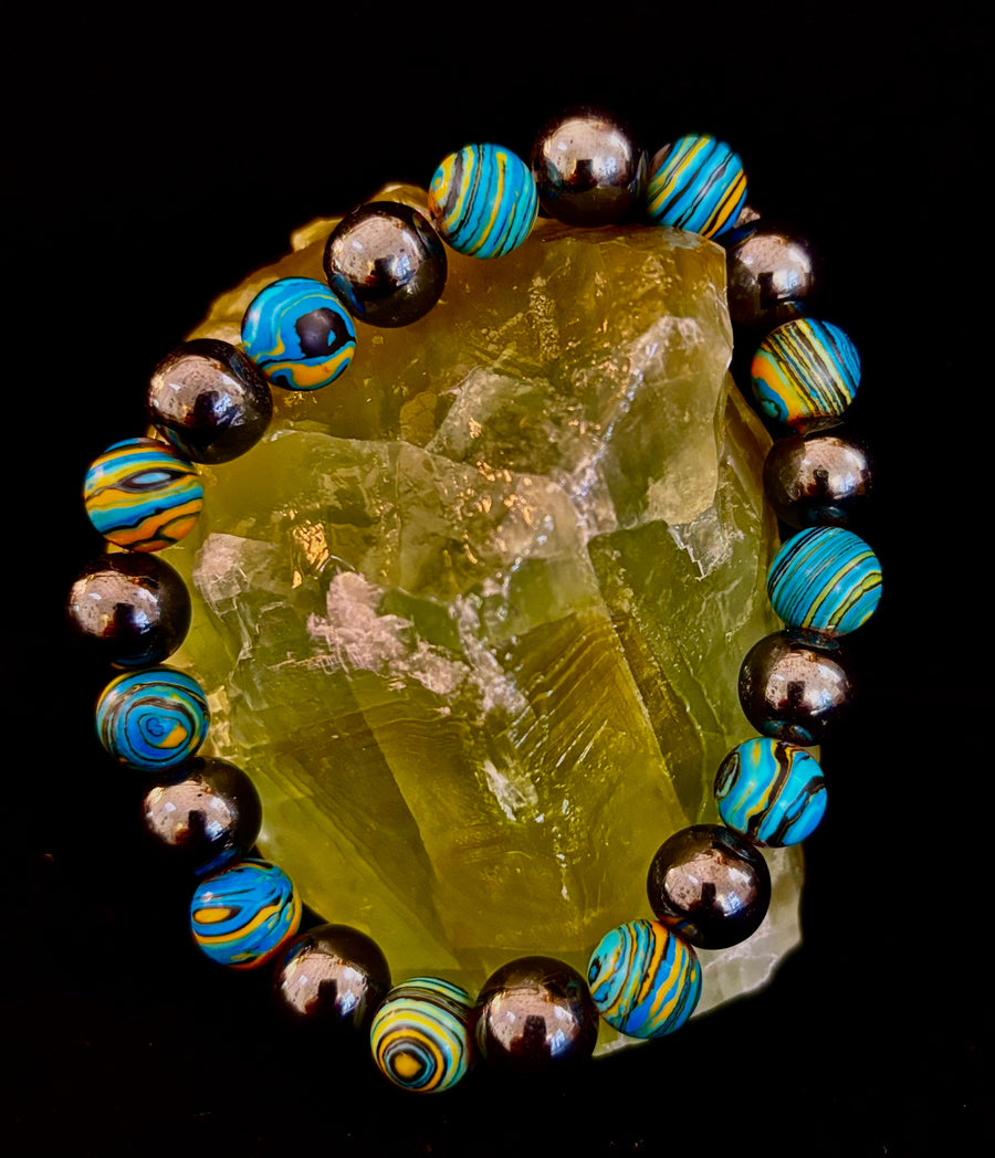 Blue Peacock Malachite Stone Bracelet – XL Hematite Stretch Bracelet for Large Wrists