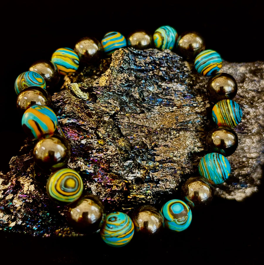 Blue Peacock Malachite Stone Bracelet – XL Hematite Stretch Bracelet for Large Wrists