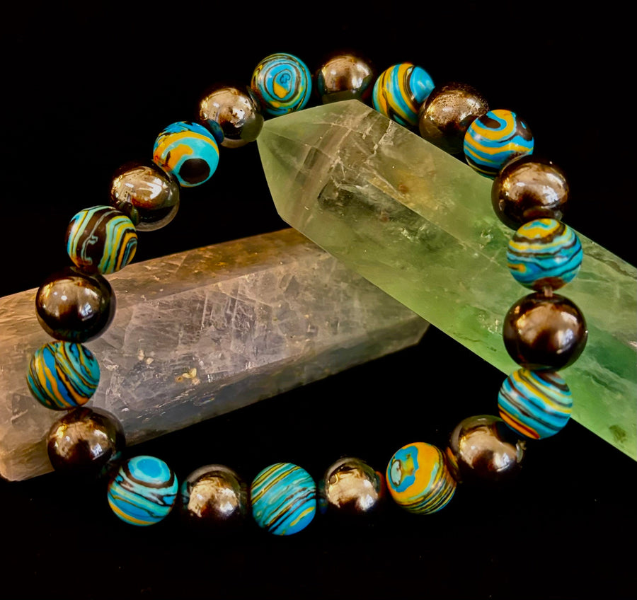 Blue Peacock Malachite Stone Bracelet – XL Hematite Stretch Bracelet for Large Wrists