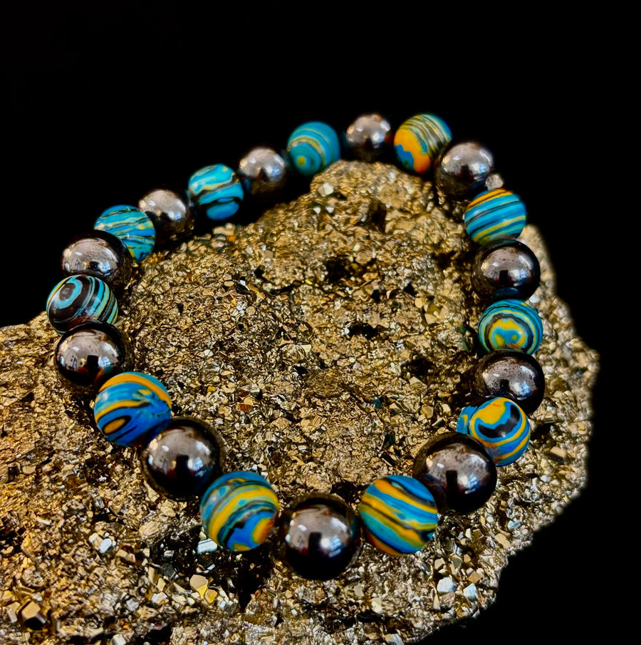 Blue Peacock Malachite Stone Bracelet – XL Hematite Stretch Bracelet for Large Wrists
