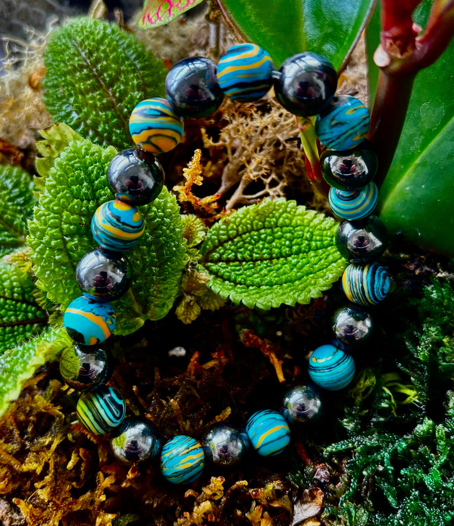 Blue Peacock Malachite Stone Bracelet – XL Hematite Stretch Bracelet for Large Wrists