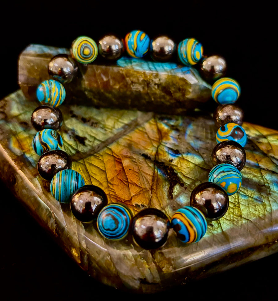 Blue Peacock Malachite Stone Bracelet – XL Hematite Stretch Bracelet for Large Wrists