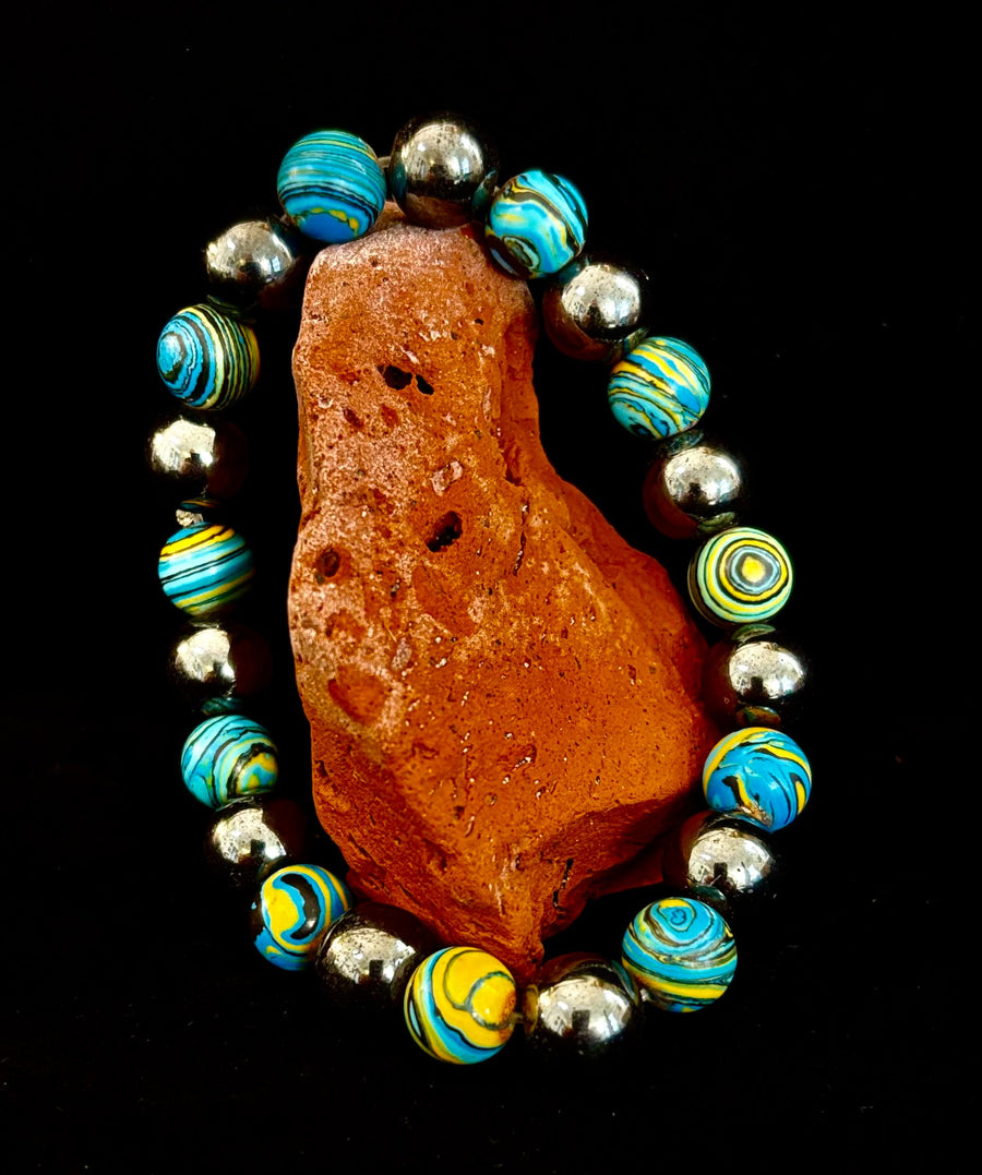 Blue Peacock Malachite Stone Bracelet – XL Hematite Stretch Bracelet for Large Wrists
