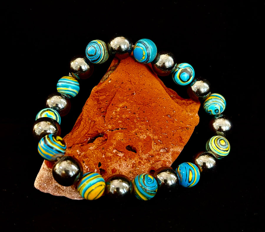 Blue Peacock Malachite Stone Bracelet – XL Hematite Stretch Bracelet for Large Wrists