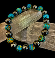 Blue Peacock Malachite Stone Bracelet – XL Hematite Stretch Bracelet for Large Wrists