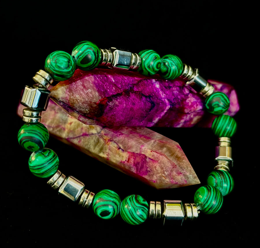 Emerald Malachite Energy Bracelet – XL Natural Stone Bracelet Handmade in Puerto Vallarta