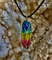 Rainbow Chakra Tree of Life Necklace – Glass Pendant | Leather Cord | Copper or Silver Wire Wrap
